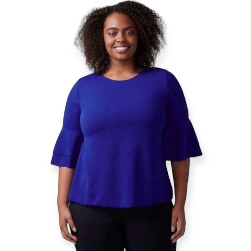 Lane Bryant Double Ruffle 3/4 Sleeve Top Blouse Size 26/28 Navy Blue